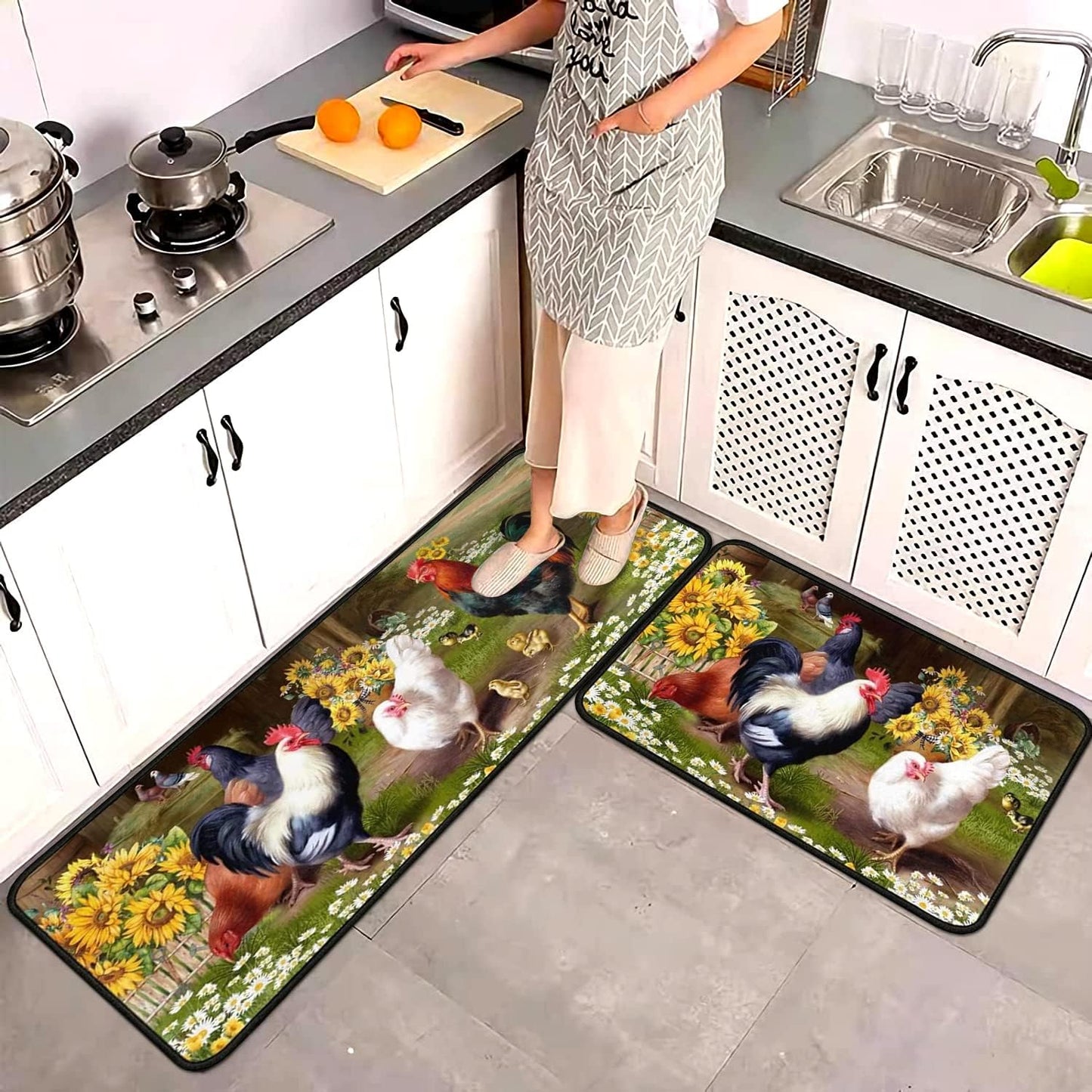 Rooster Kitchen Rug 2 Piece Set Sunflower Decor Kitchen Floor Mat, Microfiber Washable Runner Rugs, Farmhouse Chicken Decorations Kitchen Mats,17"x47"+17"x30"