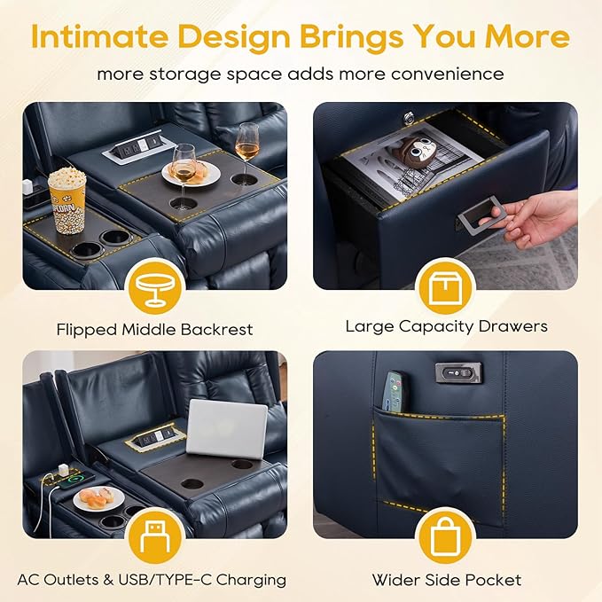 IPKIG 89" Power Reclining Loveseat Sofa, Electric Home Theater Seating with Console/4 Colors Ambient Lighting/Bluetooth Speakers/USB Ports/Built-in Outlets (Blue, 3-Seater with Console)