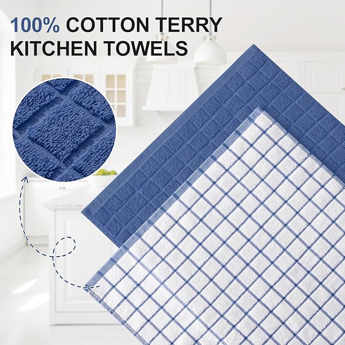 Homaxy Premium Cotton Kitchen Towels 16"x 28", Large Natural Ring Spun 390 GSM Dish Towels, Super Absorbent Terry Kitchen Hand Towels, Soft Tea Towel with Hanging Loop, Navy Blue Check Design, 6 Pack