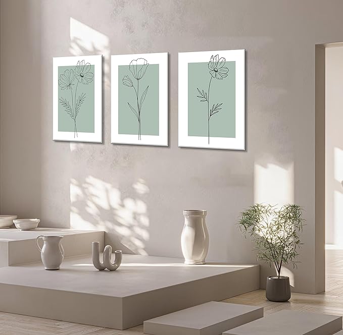 3 Line Flower Canvas Wall Art - Minimalist Botanical Flower Paintings for Living Room, Bedroom, Bathroom Decor