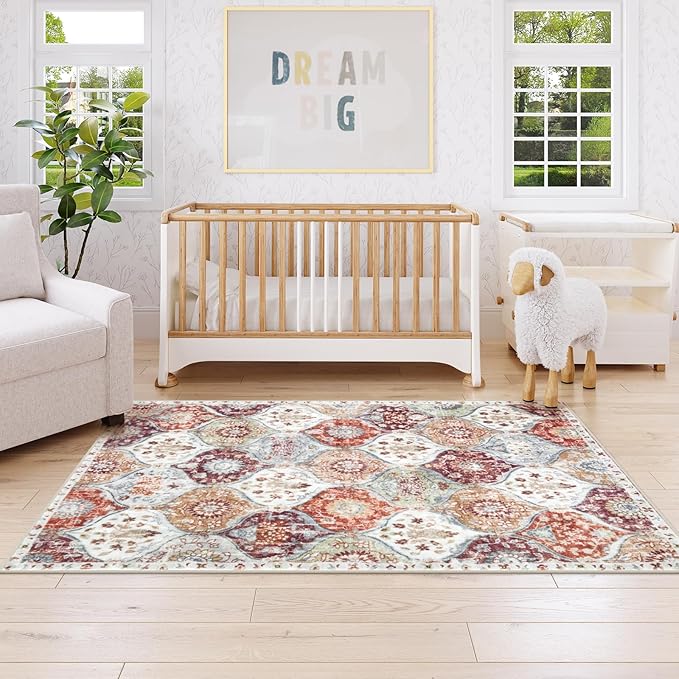 Lahome Moroccan Machine Washable Rugs for Living Room, 4x6 Rug for Bedroom Non-Slip Vintage Trellis Ultra-Thin Throw Carpet for Dining Room Office Nursery, Orange/Terracotta