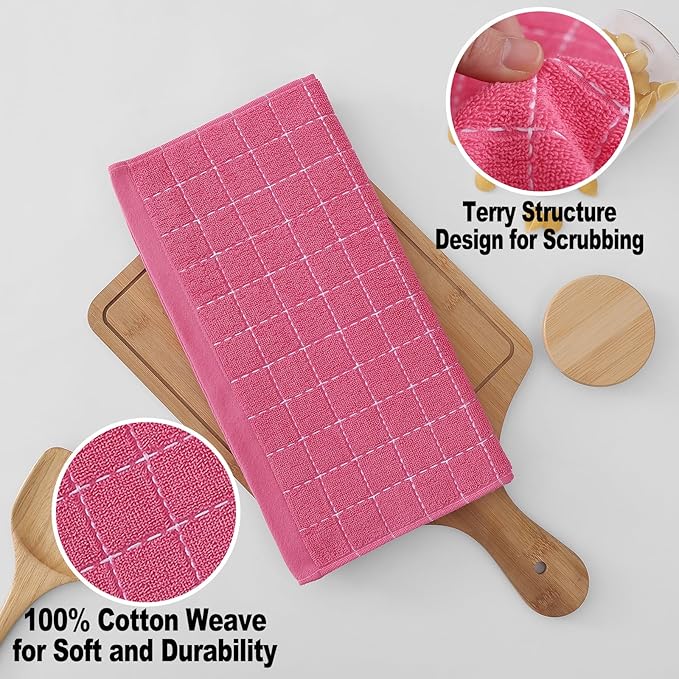 Homaxy 100% Cotton Terry Kitchen Dish Cloths, Ultra Soft and Absorbent Dish Towels for Kitchen, Suitable for Drying and Washing Dishes, 12 Pack, 12 x 12 Inches, Rose Red