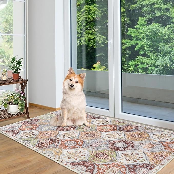 Lahome Moroccan Trellis Washable Small Area Rug, 3x5 Black Rug for Bedroom Living Room, Non-Slip Oriental Accent Throw Carpet for Kitchen Office Entryway Bathroom Office, Orange/Terracotta