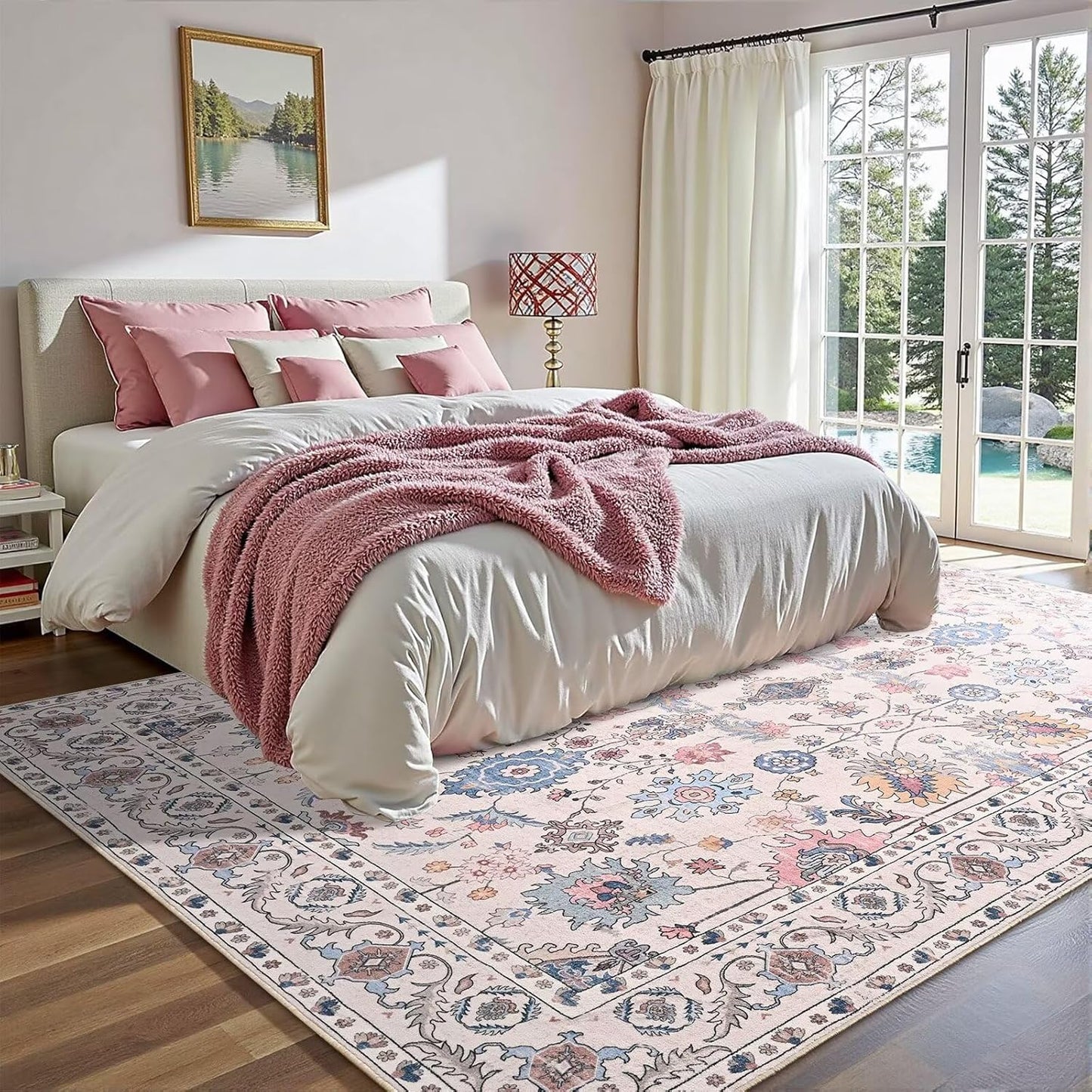 Vasofe 5x7 Rug for Bedroom, Washable Living Room Rugs for Dining Room, Cream Indoor Floor Mat, Vintage Floral Mats for Home Decor, Farmhouse, Laundry Room, Non Slip Low Pile Soft Modern Carpet