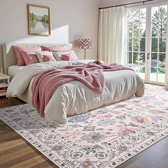 Vasofe 5x7 Rug for Bedroom, Washable Living Room Rugs for Dining Room, Cream Indoor Floor Mat, Vintage Floral Mats for Home Decor, Farmhouse, Laundry Room, Non Slip Low Pile Soft Modern Carpet