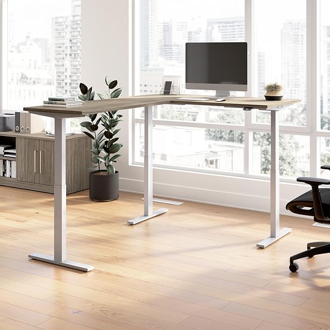 Bush Business Furniture 60-inch Height Adjustable L Shaped Standing Desk, Electric Sit-Stand Corner Computer Table, Ergonomic Office, Move 60 Series, Modern Hickory with Metallic Gray Base