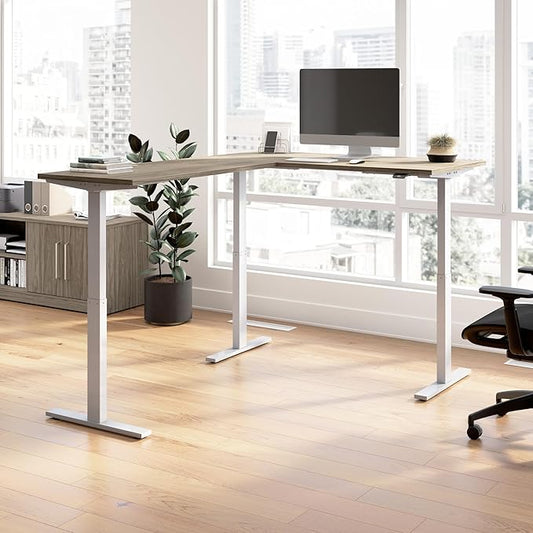 Bush Business Furniture 60-inch Height Adjustable L Shaped Standing Desk, Electric Sit-Stand Corner Computer Table, Ergonomic Office, Move 60 Series, Modern Hickory with Metallic Gray Base