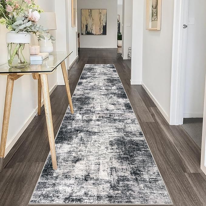 IOHOUZE Abstract Runner Rug 2x10 Ft Washable Runners for Hallways, Non Slip Kitchen Runner Printed Faux Wool Entryway Runner Indoor, Modern Abstract Floor Carpet for Hall Kitchen, Black Gey