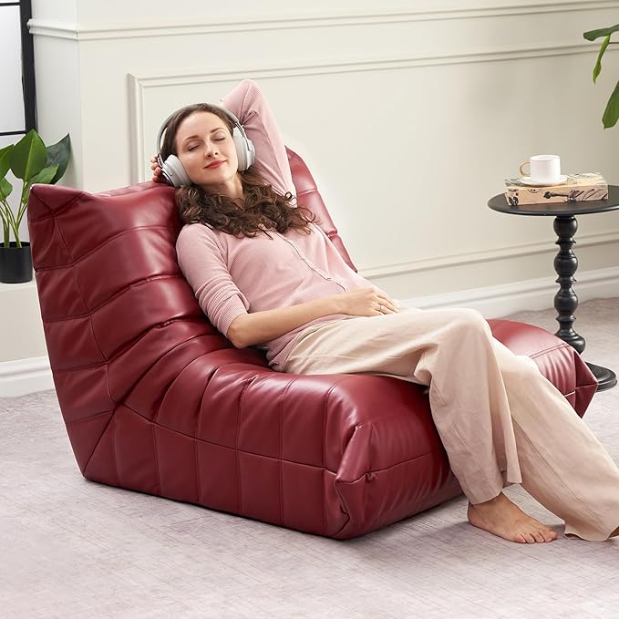 Hobestluk Giant Bean Bag Chair Lazy Floor Sofa, Memory Foam Fireside Sofa for Adults, Big Beanbag Faux Leather Armless Chair for Living Room Bedroom Dorm Office (WineRed, Single)