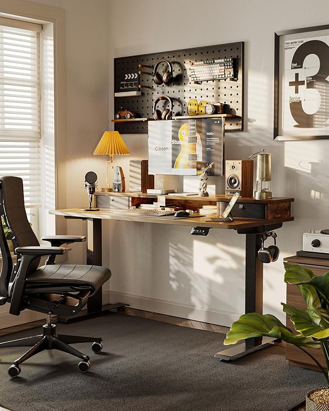 FEZIBO 60 x 24 Inch Height Adjustable Electric Standing Desk with Double Drawer, Computer Desk, Home Office Stand Up Table with 4 Height-Adjustable Feets & 2 Hooks, Rustic Brown