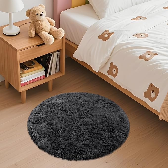 OLANLY Black Round Rugs for Bedroom - Machine Washable, 2 ft Circle Area Rugs for Living Room, Soft and Fluffy Shaggy Carpet for Teen Girls and Boys, Nursery Rooms, Dorms, Home Decor Aesthetic