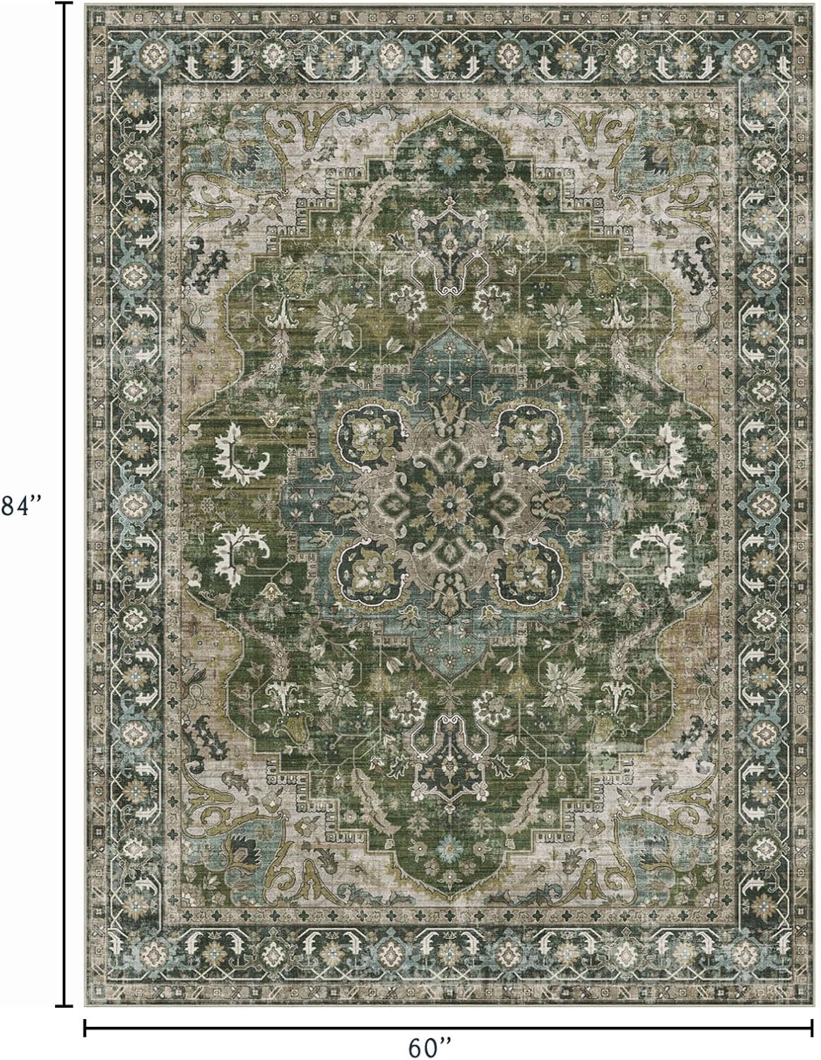 Washable Area Rug 5x7 - Boho Living Room Rug Stain Resistant Soft Bedroom Rug Ultra-Thin Moss Green Vintage Oriental Farmhouse Dining Room Rugs for Under Table Indoor Carpet for Living Room