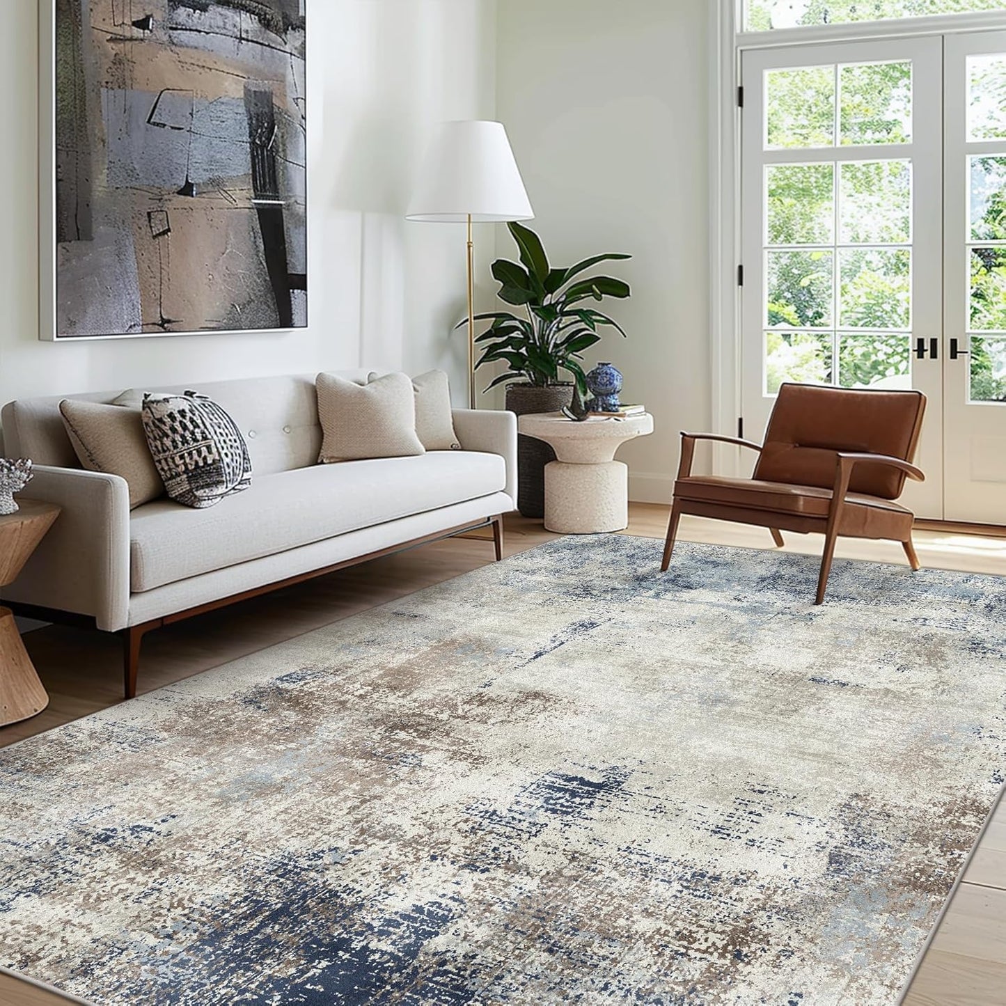 Area Rugs 6x9 Machine Washable Rug for Bedroom Living Room, Large Modern Abstract for Dining Room, Indoor Low Pile Carpet Soft Rugs with Non Slip Rubber Backing, Abstract Blue Gray