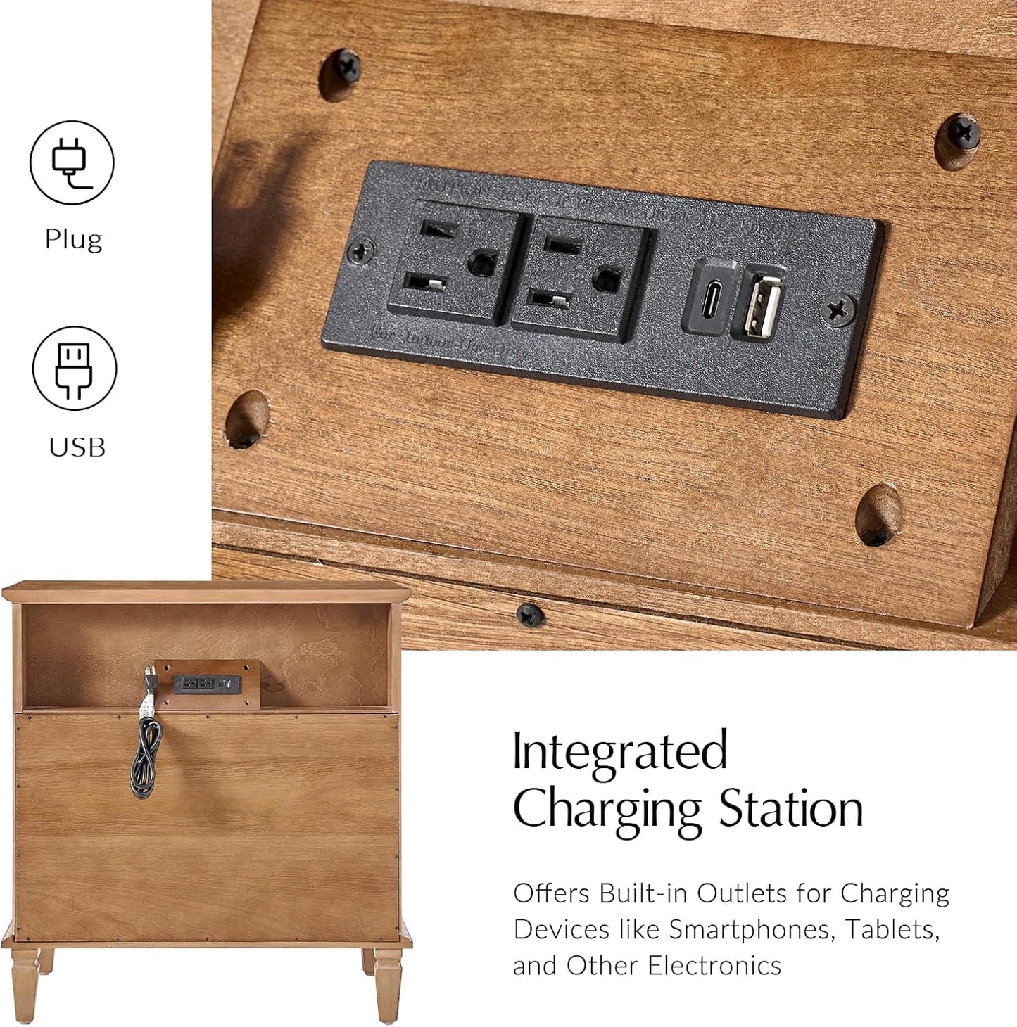 HULALA HOME Mid-Century Modern Nightstand with Charging Station and Divider Tray, 4-Drawer Bedside Table with Solid Wood Legs (Acorn,Set of 2)