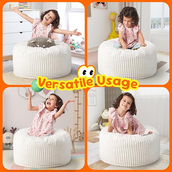 Hobestluk Bean Bag Chairs 2.5FT Bean Bag Chair with Memory Foam Filled & Stripe Plush Cover Small Bean Bag Chairs for Playroom, Living Room, Bedroom (White)