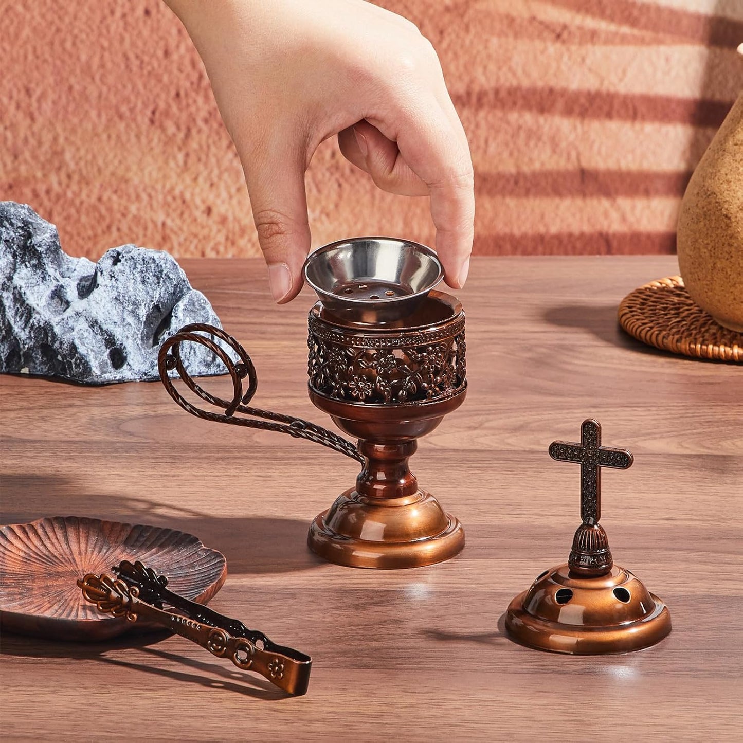 Zonon 2 Sets Incense Burner with Tong, Frankincense Charcoal Incense Stand Holder, Ideal for Yoga, Spa, Aromatherapy, Home and Christian Church Censer(Red Copper)