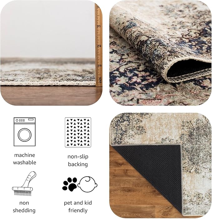 Keen Home Design 2x10 Rug - Machine Washable Runner Rug with Non-Slip Backing, Ideal for Hallway, Entryway, Kitchen, Laundry Room - Vintage, Easy Clean, Durable, Low Pile - (2'6" x 10')