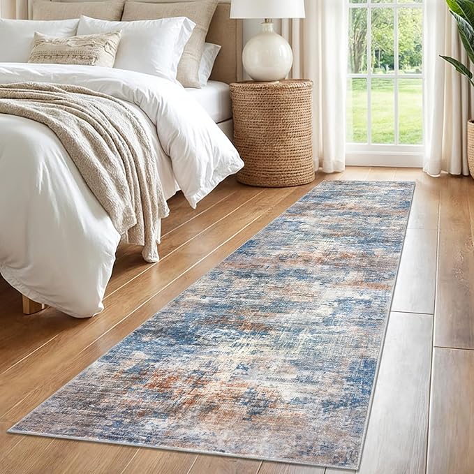 IOHOUZE Abstract Runner Rug 2x8 Ft Washable Runners for Hallways, Non Slip Kitchen Runner Printed Faux Wool Entryway Runner Indoor, Modern Abstract Floor Carpet for Hall Bedroom, Blue Rust