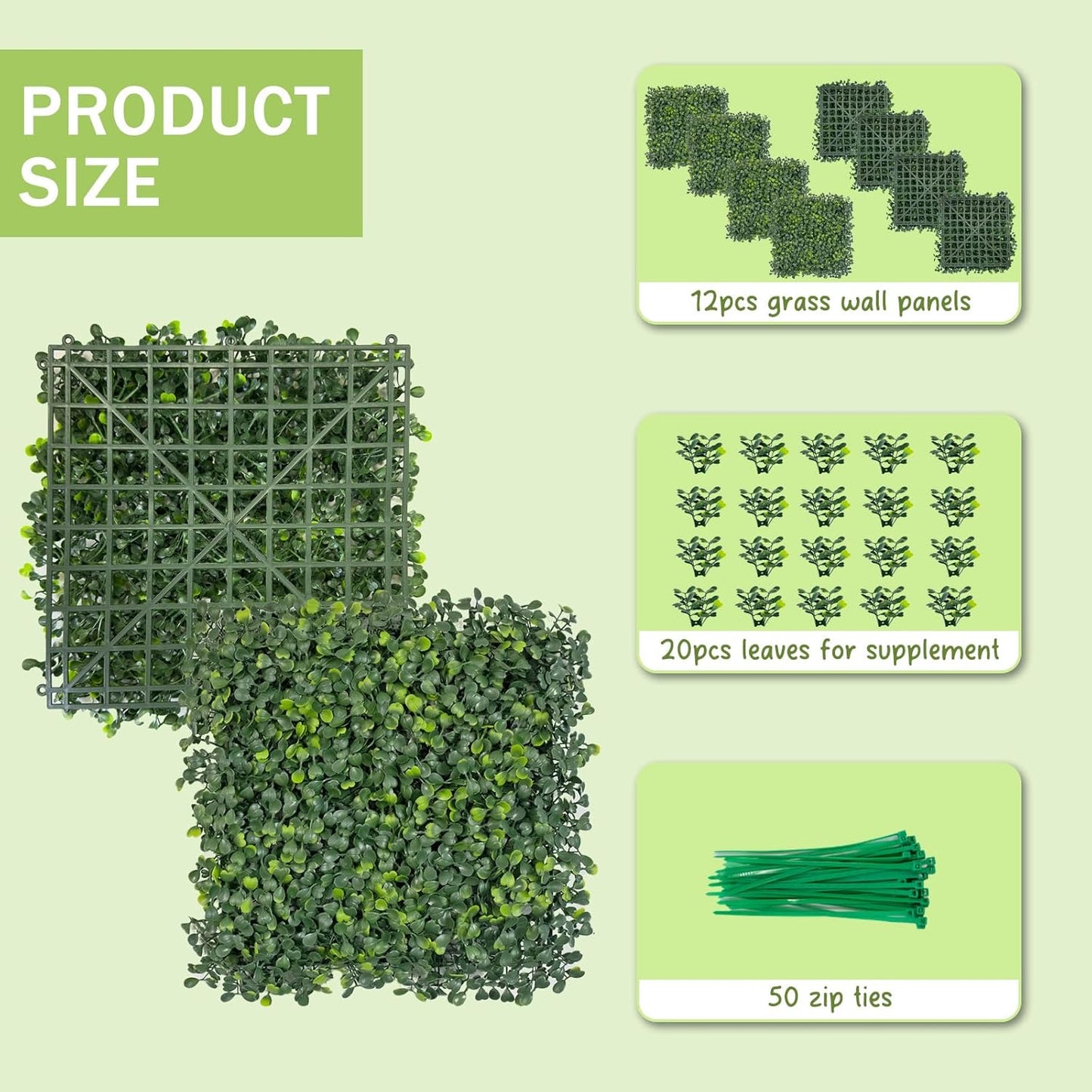 Grass Wall Panels, 10x10Inch 12Pcs UV-Anti Boxwood Greenery Panels with 50 Zip Ties, No Fade Artificial GrassWall Backdrop for Indoor Outdoor Privacy, Birthday Wedding Decor, Home Kitchen Decor