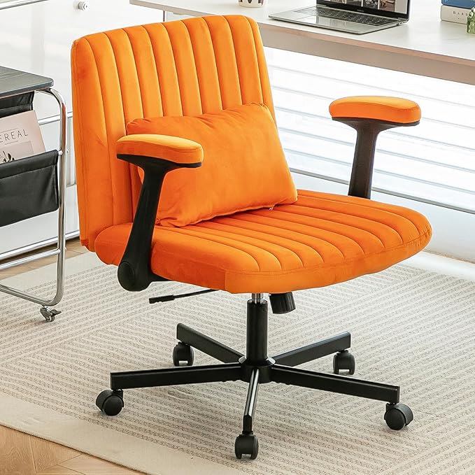 Furnimart Criss Cross Desk Char Wide Seat with Wheels and Arms, 360° Swivel Cross Legged Desk Chair Thick Cushion, Velvet Comfy Armless Home Office Chair for Bedroom, Vanity, Sturdy (Yellow)