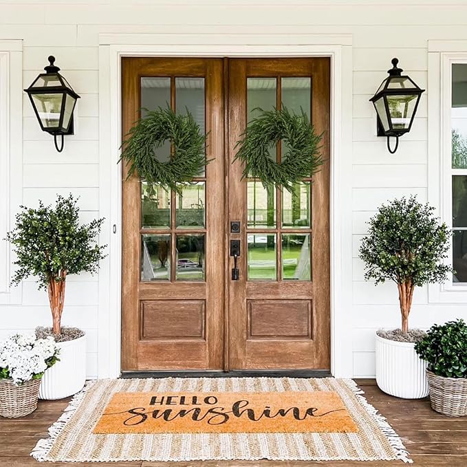 2 Pack Artificial Christmas Wreaths for Front Door, Norfolk Pine & Cedar Greenery with Red Velvet Bows, Real Touch Holiday Wreaths for Indoor Outdoor Decoration, No Assembly Needed