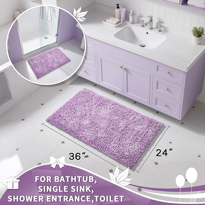 Yimobra Large Bathroom Rug Non Slip 36x24 Inch, Extra Thick Soft Absorbent Chenille Bath Mat, Machine Washable Quick Dry Bath Rugs for Bathroom Floor, Tub and Shower, Home Decor Accessories, Lilac
