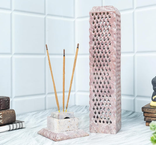 Crocon Handmade Incense Tower Candle Stick Holder Soapstone Leaf Design Tea Light Tower Burner | Candles Stand |Office Decor Room Fragrance Decorative Kitchen Home Spa Great Gift Set - 11X3X3 Inch