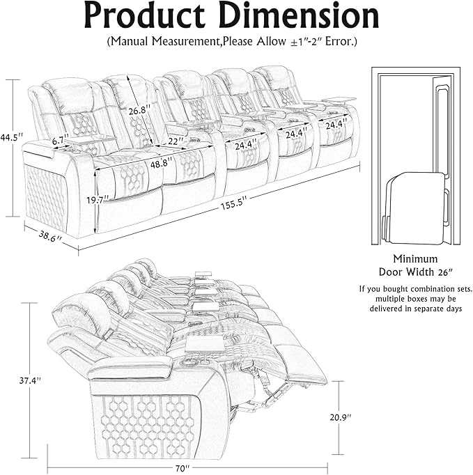 Home Theater Seating, Living Room, Heat & Massage, Powered Headrest, Powered Lumbar, Italian Leather, Powered Recline, Single Recliner (Coffee Color, Row of 5 Loveseat Left)