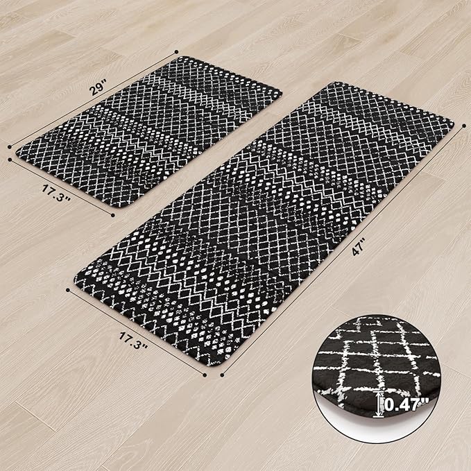 KIMODE Anti Fatigue Mats for Kitchen Floor 17"x47"+17"x29", Black Boho Kitchen Rugs Sets of 2, Cushioned Kitchen Floor Mats, Non Slip Standing Mats for Sink Laundry Office Desk