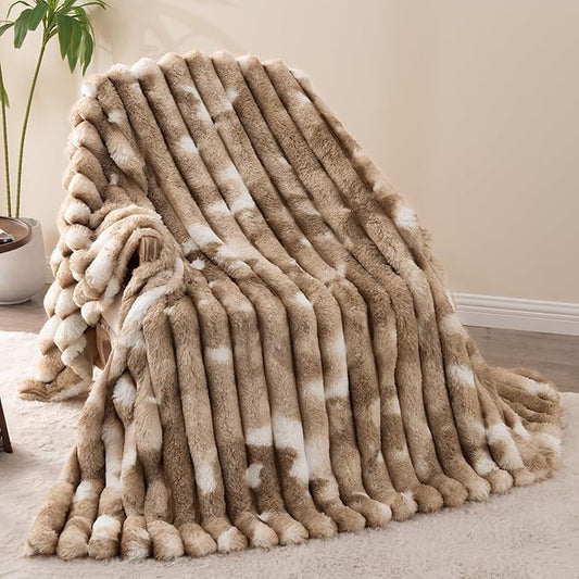 Throw Blanket for Couch - 50" x 60" Faux Rabbit Fur Throw Blanket Cozy Soft Warm Blankets for Bed Sofa Bedroom Living Room Fluffy Striped Blankets for Fall Winter, Home Decor, Brown