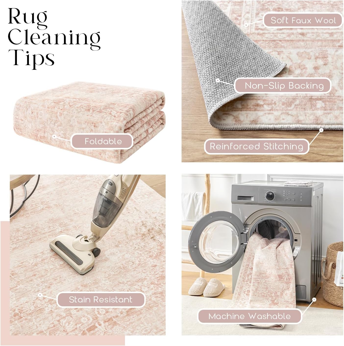 Pink Area Rug for Living Room Soft Washable Faux Wool Neutral Boho Floral Big Nursery Bed Bedroom Livingroom Carpet Size Extra Large Area Rugs 8x10