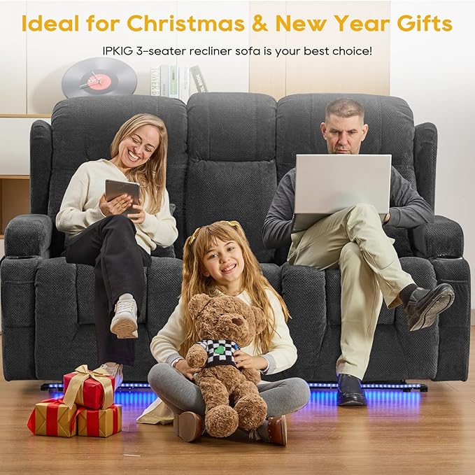 IPKIG 67" Power Reclining Loveseat Sofa, Electric Home Theater Seating with Console/4 Colors Ambient Lighting/Bluetooth Speakers/USB Ports/Built-in Outlets (Charcoal, Loveseat Recliner)