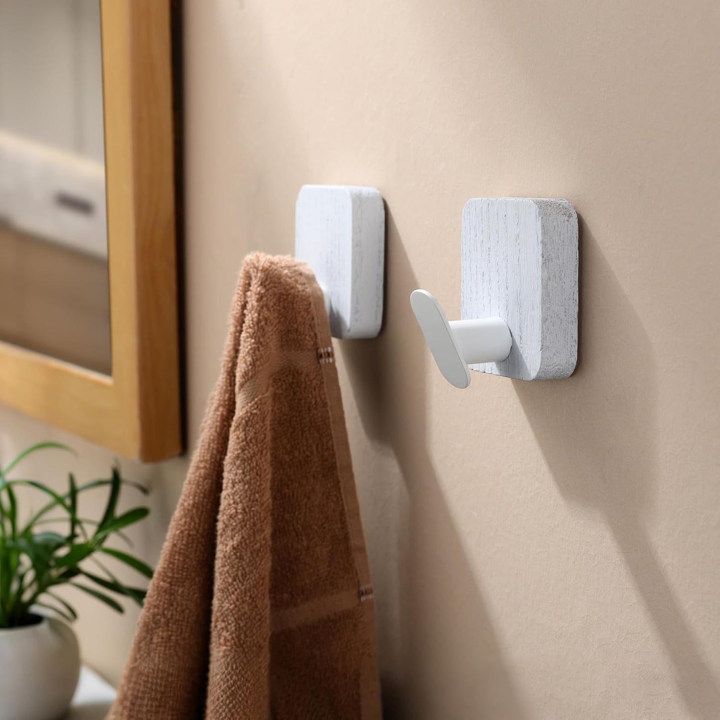 DELITON Wood Wall Hooks, Adhesive Towel Hooks for Hanging Wall Mounted, 4 Packs Coat Robes Hats Command Hook Heavy Duty No Damage, White