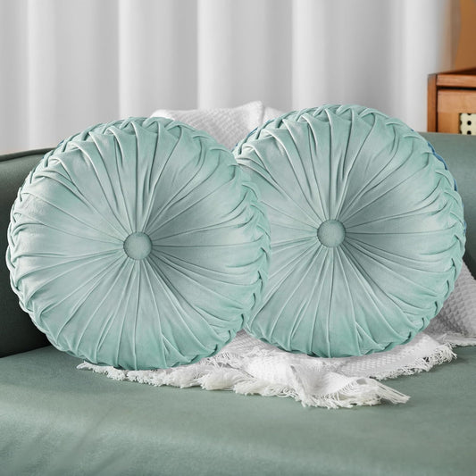 HIG Set of 2 Aqua Ruched Velvet Round Throw Pillows – 14.5’’ Decorative Pillows with Soft Polyester Filling for Couch, Bed, Living Room, Bedroom, or Dorm – Handmade, Stress Relieving, All-Season