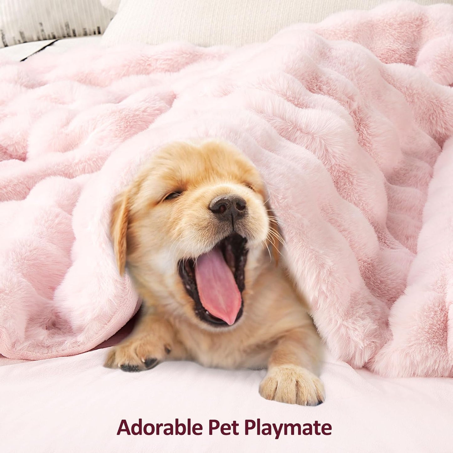 JONIYEAR Decorative Large Pink Bubble Faux Rabbit Fur Bed Blanket Queen Size 80" x 90", Double Sided Soft Cozy Accent Warm Furry Blanket for Winter,Lovely Cute Big Shaggy Fuzzy Blankets for Women Girl