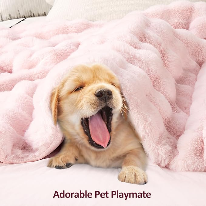 JONIYEAR Decorative Large Pink Bubble Faux Rabbit Fur Bed Blanket Full Size 70" x 80",Double Sided Soft Cozy Accent Warm Furry Blanket for Winter,Lovely Cute Big Washable Fuzzy Blankets for Women Girl