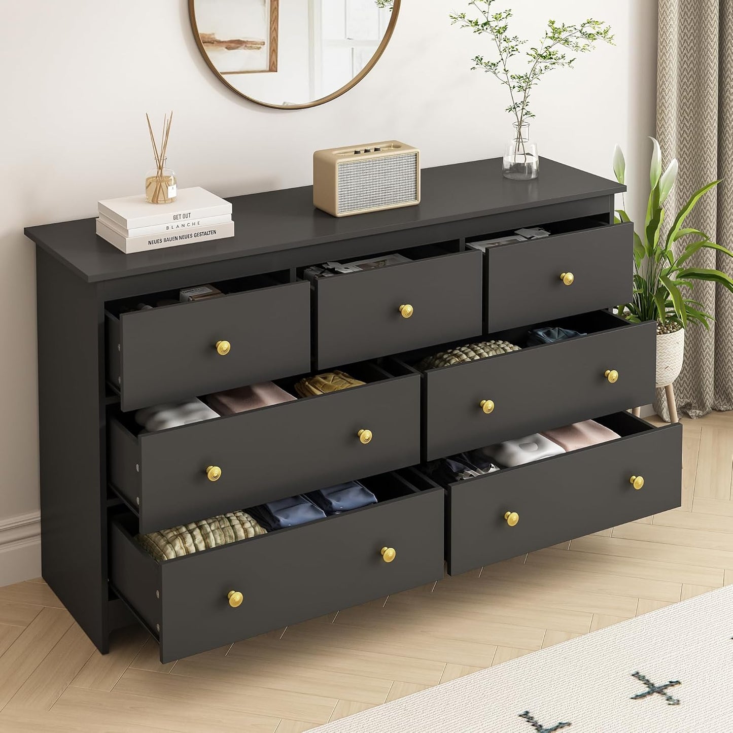 JOZZBY 7 Drawer Dresser for Bedroom, 55 Inch Black Wooden Large Dresser with Golden Handles, Modern Chests of Deep Drawers Organizer for Home Office, Hallway