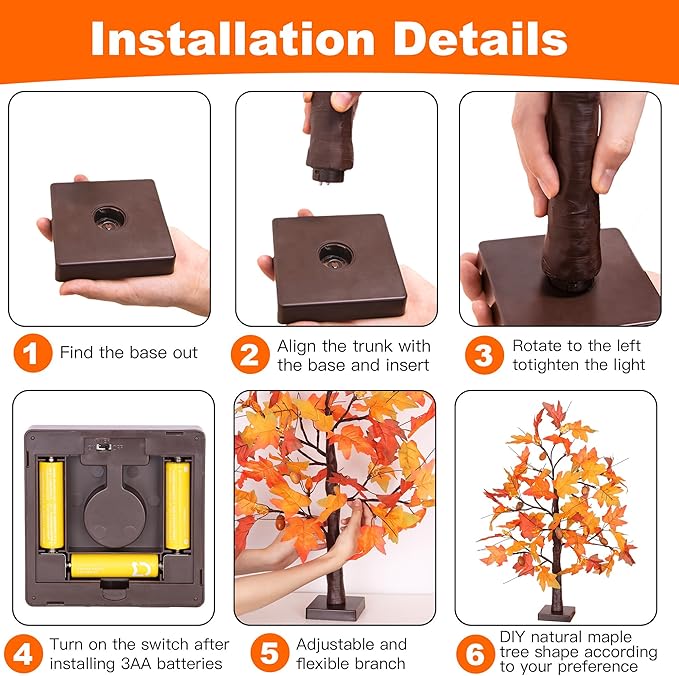 2 Pack 24 Inch Fall Maple Tree with Lights Battery Operated Lighted Tabletop Artificial Tree with Pumpkin Acorn Maple Fall Centerpieces Indoor Fall Decorations for Home Office Thanksgiving Table Decor
