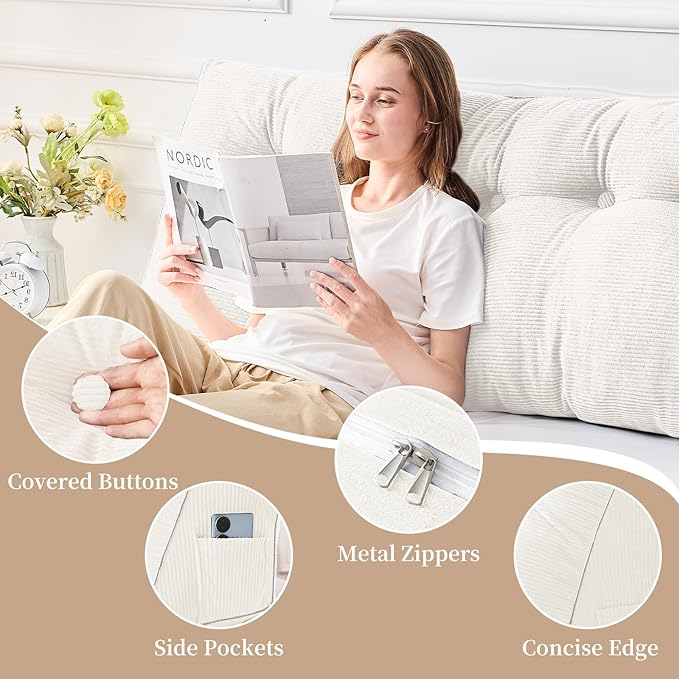 Sasttie Headboard Pillow King, Wedge Pillow Headboard for Sitting Up in Bed, Back-Rest Support Triangular Cushion for Reading - Features Removable Washable Cover, White