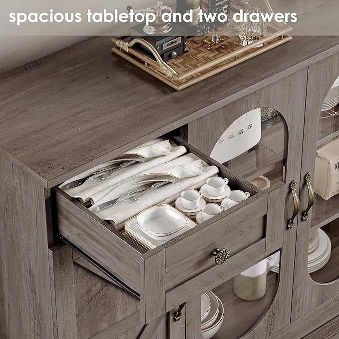 Keyluv Buffet Cabinet 55" Large Storage Coffee Bar with Drawer and Shelves, 3 Spacious Shelves Behind Glass Doors Sideboard Cabinet, Farmhouse Furniture for Kitchen/Dining/Living Room, Washed Brown