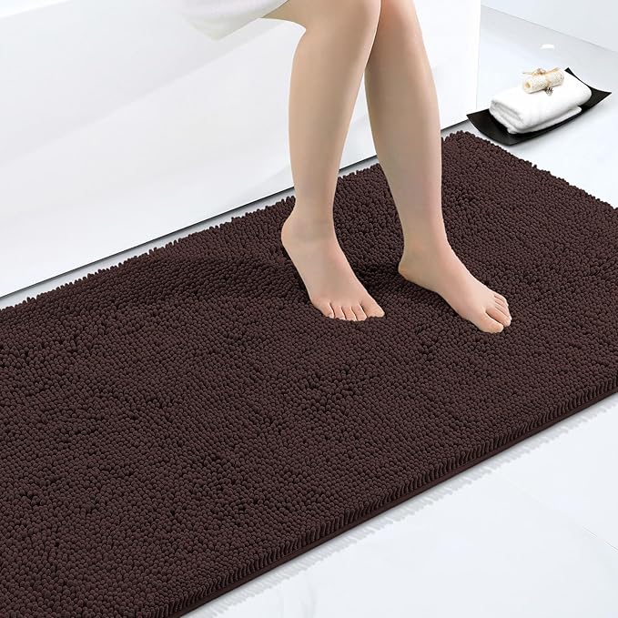 Smiry Luxury Chenille Bathroom Rugs 40x24, Extra Soft and Absorbent Shaggy Bath Mat, Machine Washable, Non-Slip Plush Carpet Runner for Tub, Shower, and Floor, Home Decor Accessories, Brown