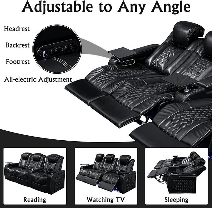 Home Theater Seating, Living Room, Powered Headrest, Powered Lumbar, Italian Leather, Powered Recline, Single Recliner (Coffee Color, Row of 3 Loveseat Left)