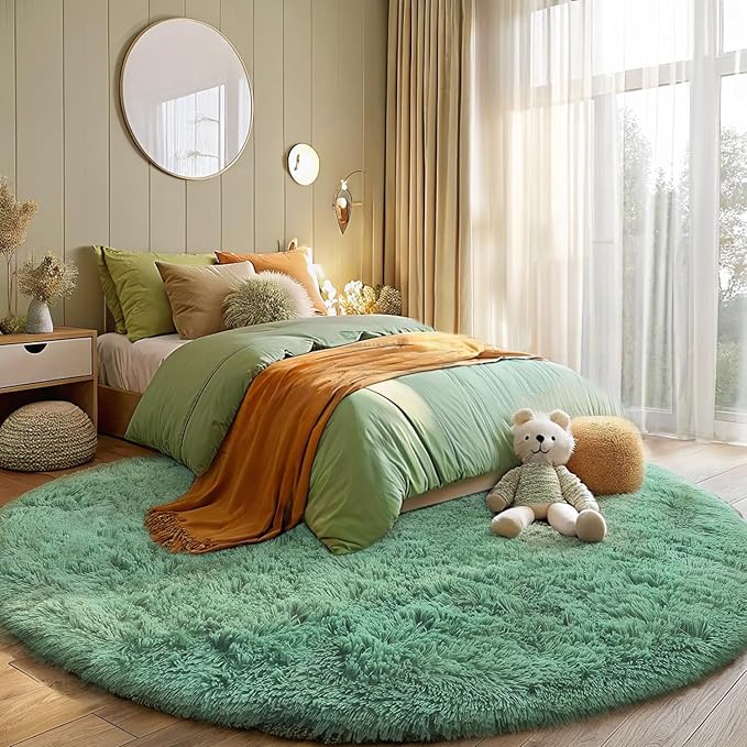 OLANLY Mint Green Round Rugs for Bedroom - Machine Washable, 4 ft Circle Area Rugs for Living Room, Soft and Fluffy Shaggy Carpet for Teen Girls and Boys, Nursery Rooms, Dorms, Home Decor Aesthetic
