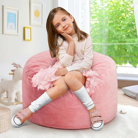 Hobestluk Bean Bag Chairs 2.5FT Beanbag Chair with Plush Faux Fur Cover Memory Foam Bean Bags, Small Bean Bag Chair for Living Room Bedroom, Playroom (Pink)