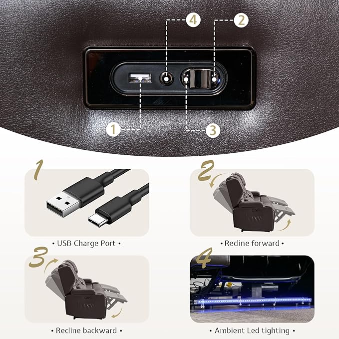 SAMERY Power Loveseat Recliner Sofa with Adjustable Split Back, Multi-Port Charger, Flip-Up Backrest & LED Lighting - Home Theater Seating with Storage, Cup Holders, Brown Faux Leather Loveseat