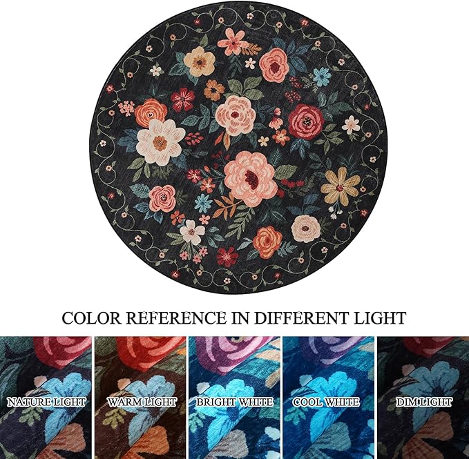 DUKINO Floral Round Rug, 4ft Washable Round Area Rug, Non Slip Indoor Low Pile Circle Rug, Soft Small Boho Design Circle Rug for Bedroom, Entryway, Living Room, Dining Room,Black
