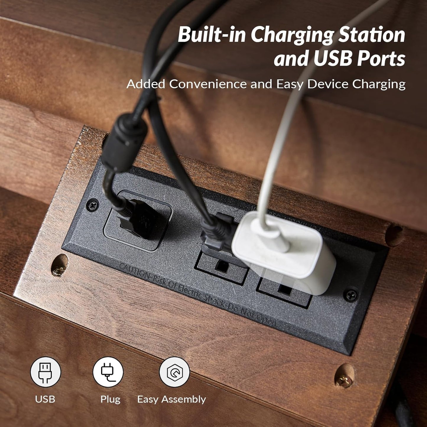 HULALA HOME Wood Nightstand Set of 2 with Charging Station 2 Drawer Dresser with Wooden Legs Mid Century Modern Bedside French Style End Table for Bedroom, Walnut