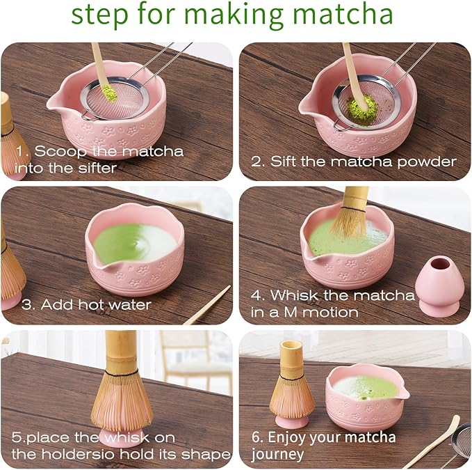 Matcha Whisk Set, Japanese Ceramic Matcha Bowl with Spout, Bamboo Whisk, Sifter, Scoop, Holder, Tea Cloth, 7-Piece Ceremonial Matcha Kit, Gift for Tea Lovers (pink)
