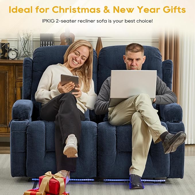 IPKIG 54" Power Reclining Loveseat Sofa, Electric Home Theater Seating with 4 Colors Ambient Lighting/USB Ports/Cup Holders for Living Room, Bedroom, Home, RVs (Navy Blue, 2 Seater)