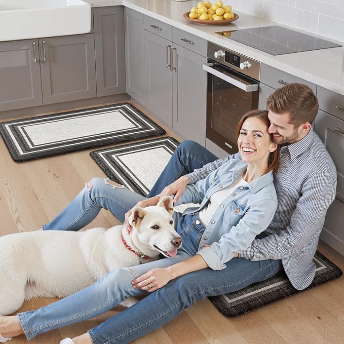 KIMODE Anti Fatigue Kitchen Mat for Floor, 20"x47"+20"x32" Kitchen Rugs Set of 2, Non Slip Kitchen Floor Mats Cushioned, Comfort Mats for Kitchen Floor, Sink, Laundry, Office, Desk Black and White
